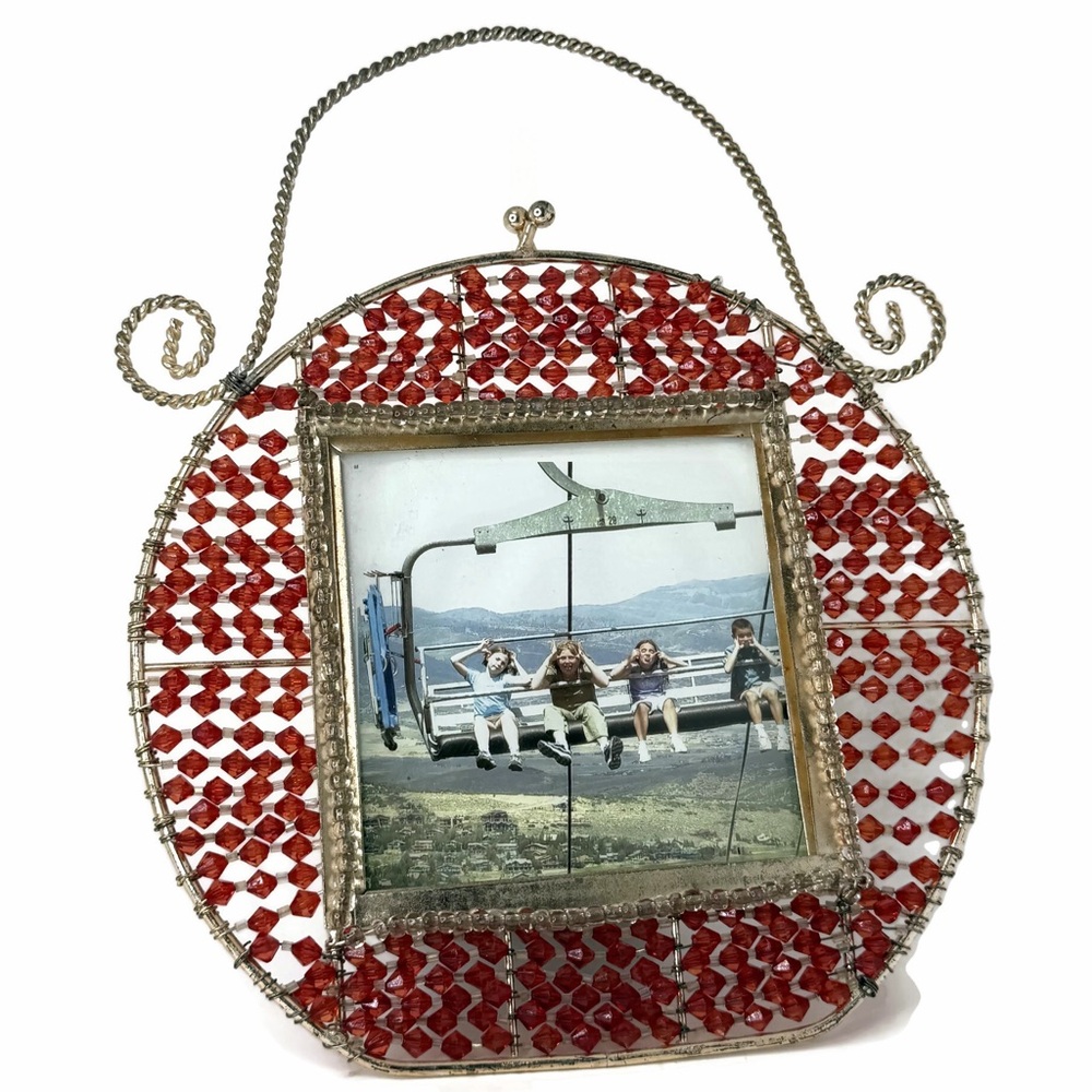 Vintage Purse Red Beaded Gold Tone Metal Picture Frame